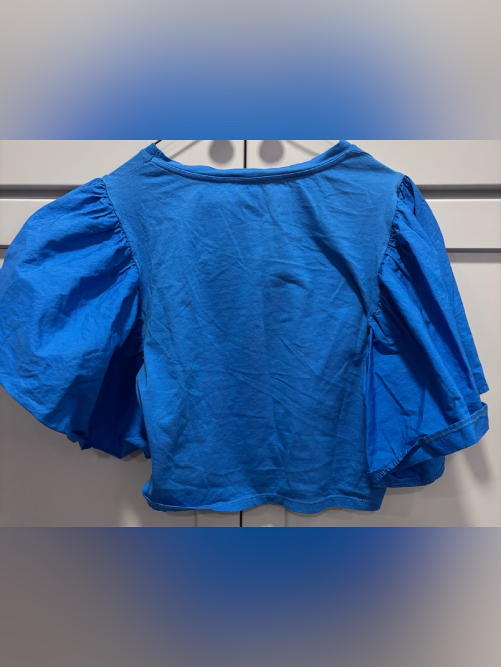 Zara Blue  Exaggerated Puff-Sleeve Cropped Tee Size L NWOT - Picture 3 of 7